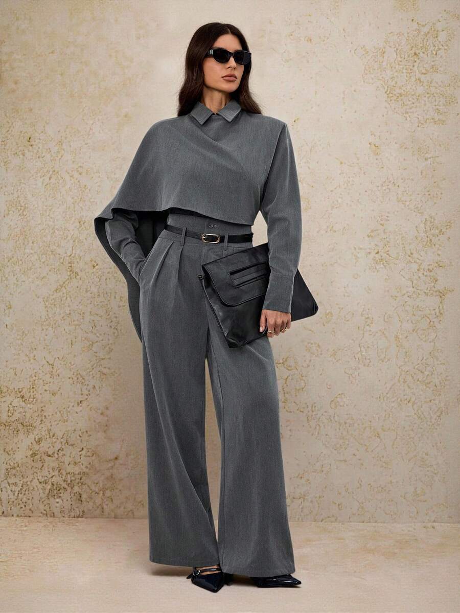 SHEIN Tall 2 件套女式高腰收腰中长款西装外套（带斗篷袖） - 灰色 - 查看 1