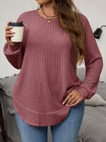 EMERY ROSE Plus Size Solid Color Ribbed Knit Top,Autumn Winter Long Sleeve T-Shirt For Women,Casual Sweater,Dusty Pink,Smart Casual,Everyday - Dusty Pink - View 4