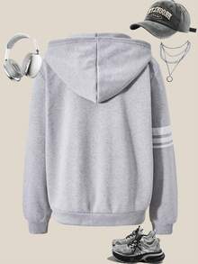 SHEIN Explorewe Teen Girl Solid Color Hooded Fleece Sleeve Striped Sweatshirt, Autumn/Winter - Grey - View 2