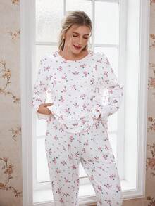 SHEIN 大码女式浪漫碎花罗纹针织长袖上衣和裤子睡衣套装，冬季服装 - 白色 - 查看 4