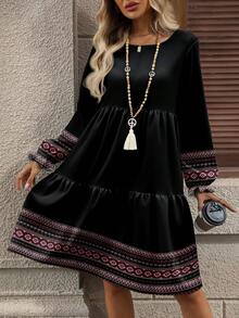 EMERY ROSE Casual Geometric Print Bohemian Style Loose Fit Round Neck Plus Size Dress, Suitable For ,Flower/Spring/Summer/Vacation - Multicolor - View 5