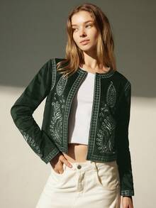 Aveloria Modichic Autumn New French High-End Embroidered Velvet Jacket - Army Green - View 6