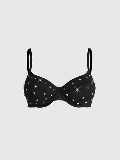 ROMWE Grunge Punk Women's Gothic Punk Milk Silk Studded Underwire Sexy Bra