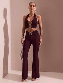 SHEIN BAE Women's Solid Color Square Rhinestone Flared Pants,Fall,Fall Clothes For Women,Winter Clothes For Women - Maroon - View 4