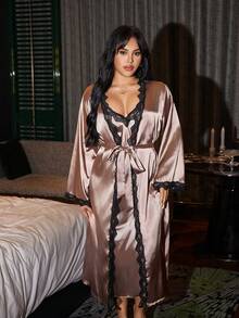 SilkySpell Bộ váy hai dây satin và áo choàng dài cỡ lớn dành cho nữ, mùa đông - Màu Khaki - Xem 7