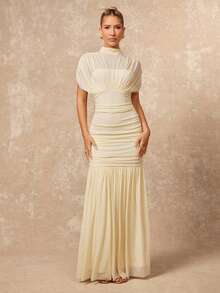 Lumalex 女士优雅荷叶边短袖修身连衣裙，浅黄色，春夏款 - 淡黃色 - 查看 5