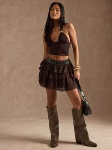 SHEIN BAE Váy dự tiệc/club kiểu phương Tây màu nâu đính đá thời trang dành cho nữ mùa Thu/Đông, váy xòe, váy đi club, váy casual cho năm mới, váy đi chơi. - Cà phê nâu - Xem 3