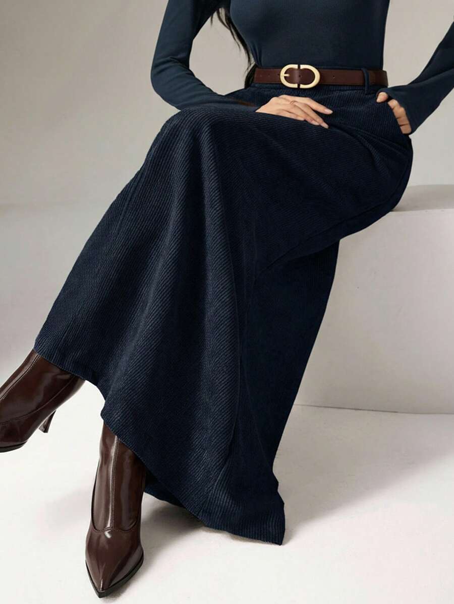 Heiryn Plus Size Elegant Solid Color A-Line Skirt, Autumn/Winter - Navy Blue - View 1