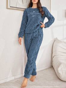 Letter Embroidery Jacquard Plush Women Lounge Set, Fluffy Winter Clothes Cozy Sets Women Pajamas Women 2 Piece Set Women Pajamas Set Comfy Pajamas Set - Blue - View 6