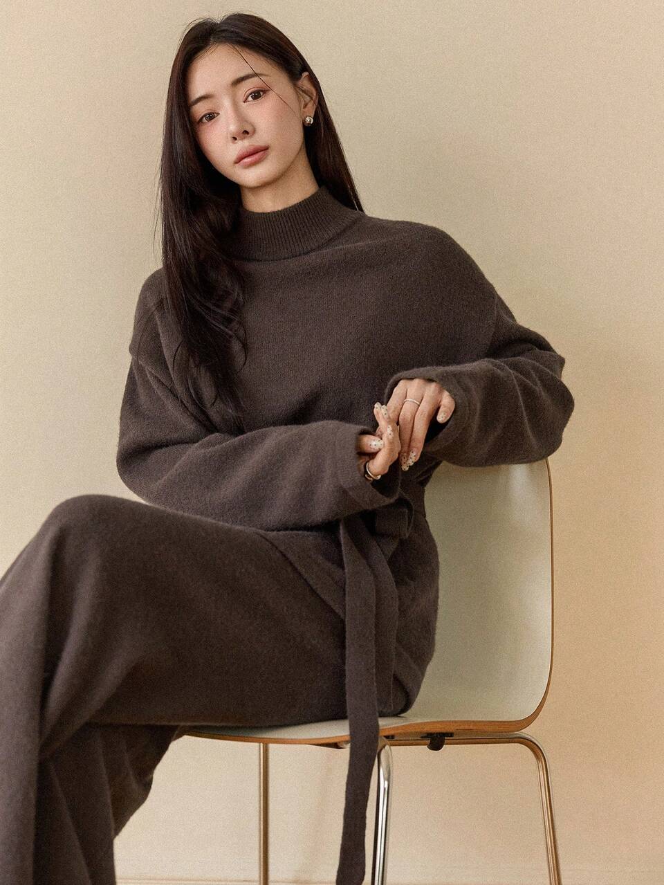 Women's Elegant Coffee Brown Lounge 2-Piece Set,Autumn High Neck Loose Belted Sweater And Flared Leg Pants,Casual Everyday Commute Business Outfit