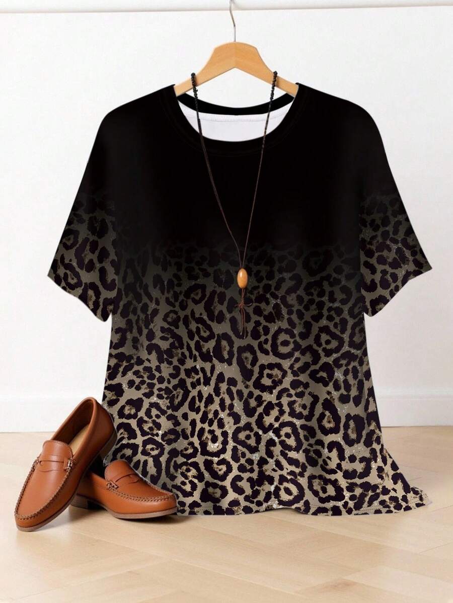 SHEIN Women's Plus Size Casual Leopard Print T-Shirt, Polyester Blend Crew Neck Tee, Medium Stretch Knit Fabric, Fashionable Comfort Fit For All Seasons