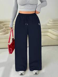 Solflare Quần dài ống rộng dáng rộng họa tiết thêu hiệp sĩ đơn giản, dễ mặc, thoải mái đi làm hàng ngày, có dây rút, giữ nhiệt, lót lông, size lớn - Màu xanh hải quân - Xem 6