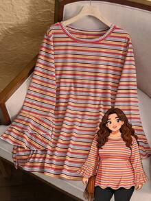 EMERY ROSE Plus Size Winter Women Casual Purple Bell Sleeve Side Slit T-Shirt Winter Cozy Fall And Winter Vacation - Multicolor - View 1