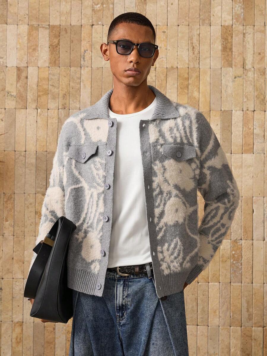 AKNOTIC 男士花卉提花长袖单排扣休闲外套，秋冬款 - 灰色 - 查看 1