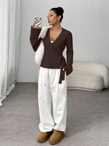 SHEIN Unity Tie-Front Casual Loose Cardigan For Women, Versatile Fall Winter Cloth For Women