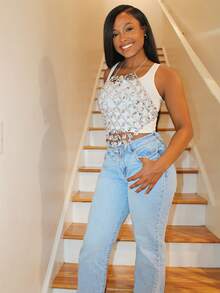 Steph T Women's Diamond Detail Halter Top Graphic Tees Women Tops - Silver - View 3