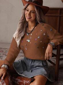 LanaWest Áo len chui đầu tay dài cổ tròn đính đá thủ công thời trang thu đông mới cho nữ, kiểu dáng phương Tây, đa năng, thoải mái - Rỉ Nâu - Xem 6