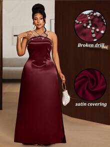 Maweii Đầm dự tiệc mùa xuân/thu cỡ lớn dành cho nữ, đầm dự đám cưới, dây mảnh không gọng, chất liệu satin sang trọng, đính đá lấp lánh, màu đỏ bóng. - Màu Đỏ Sâu - Xem 1