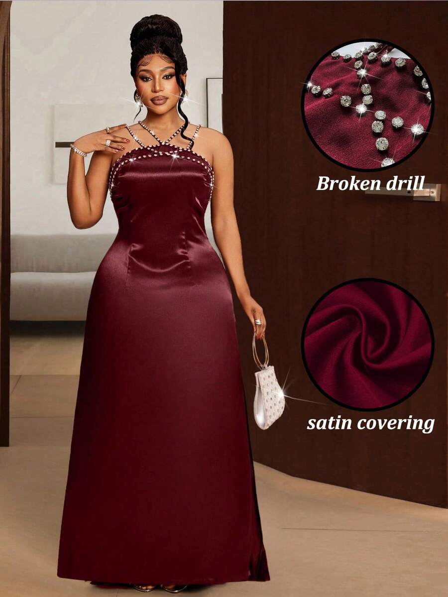 Maweii Đầm dự tiệc mùa xuân/thu cỡ lớn dành cho nữ, đầm dự đám cưới, dây mảnh không gọng, chất liệu satin sang trọng, đính đá lấp lánh, màu đỏ bóng. - Màu Đỏ Sâu - Xem 1