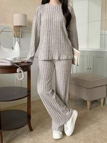 Teenage Girl Knitted Fuzzy Ribbed Crew Neck Long Sleeve T-Shirt And Pants Casual Outfit - Beige - View 3