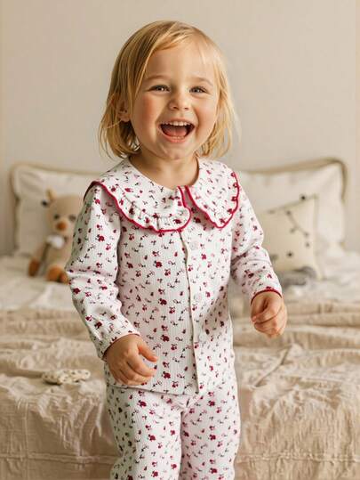 SHEIN Baby Girl 6Months-3year 2pcs/Set Spring Outfits For Girl Casual Daily Style Loose Suit, Flower-Printing Long Sleeves Button Topt&Flower-Printing Long Simple Basic Pants