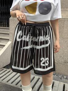 SHEIN EZwear 大码黑白字母条纹休闲高街膝盖长度短裤，夏季 - 黑與白 - 查看 3