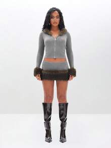 BABYPHAT Ribbed Knit Zip Up Cardigan With Luxurious Faux Fur Hood And Cuff Trim Winter Cozy Sweater - Grey - View 2