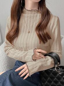 FRIFUL 女士立领撞色滚边长袖荷叶边下摆舒适透气休闲百搭T恤 - 粉色 - 查看 2