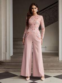 ZEYLAH Women's Elegant Floral Embroidery Mesh Patchwork Sequin Loose Wide Leg Jumpsuit - Pink - View 2