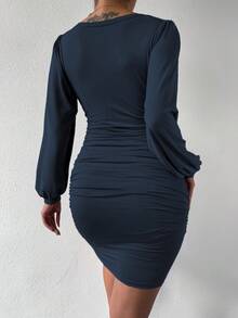 Almamuse Vestido de mujer de moda, sexy, de unicolor, con pliegues y cuello en V de manga larga - Azul Marino - Ver 2