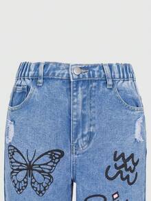 SHEIN Explorewe Jeans de pierna ancha y suelta con estampado de moda, efecto desgastado, lavado azul medio para niñas preadolescentes - Azul lavado medio - Ver 7