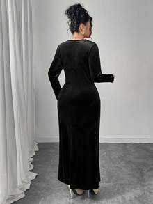 Modelyn 优雅丝绒垂褶领长袖修身常规款加大码连衣裙，春秋季 - 黑色 - 查看 2