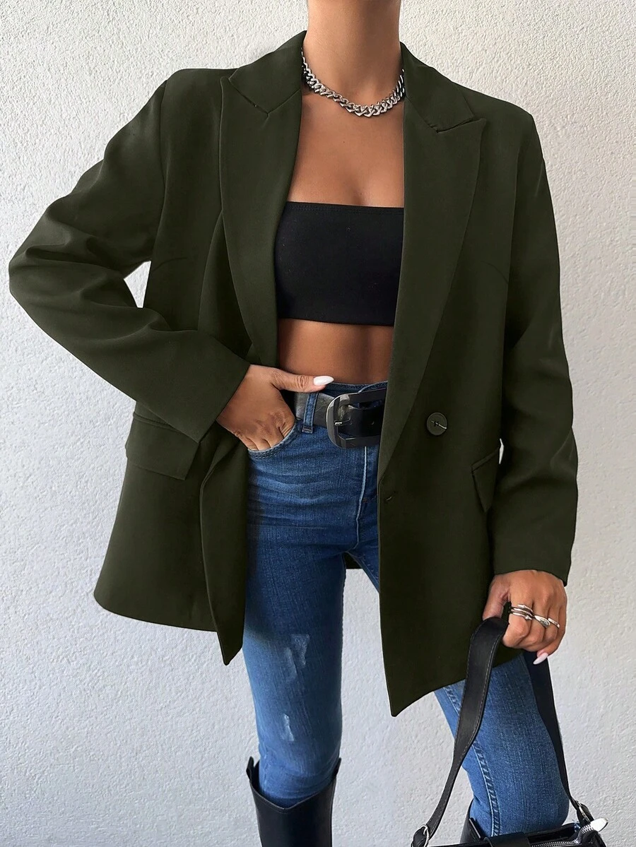 EURMUSE Áo khoác blazer công sở thường ngày tay dài cổ ve lật màu trơn dành cho nữ - màu xanh lá - Xem 1