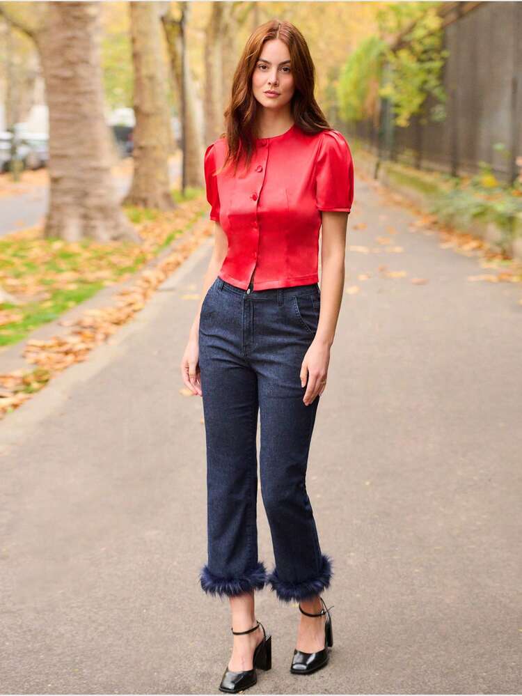 Red Satin Puff Sleeve Button Front Blouse Vintage Cute Style Party Winter Summer Going Out Spring Summer