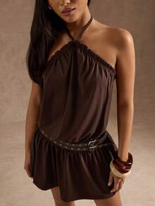 SHEIN BAE Vestido mini de mujer con cuello halter y volantes en el bajo, de unicolor - Café integral - Ver 6