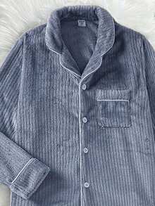 2 件套青少年男童海军蓝毛绒领开衫和裤子舒适家居服套装 - 深灰色 - 查看 4