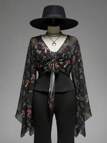 ROMWE Fairycore Vintage Mushroom, Floral & Mesh Print Front Twist Knot Plus Size Women Flare Sleeve Top - Multicolor - View 5