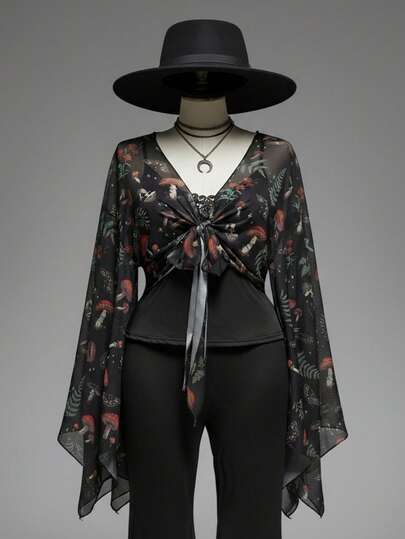 Fairycore Top con maniche a campana da donna taglie forti con stampa vintage a funghi, fiori e rete, con nodo frontale
