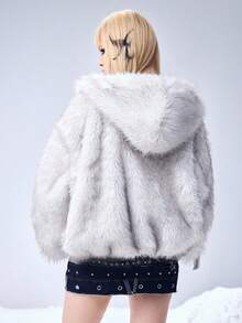 ROMWE EDITION Y2K仿皮草和麂皮双面穿女式韩流外套，适合秋冬季穿着 - 灰色 - 查看 8