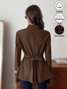 Elyressa 女士编织的休闲优雅秋季衬衫 - 咖啡棕 - 查看 2