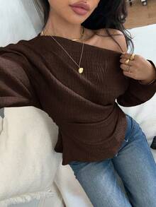 Siren Gaze 女士休闲日常通勤简约纯色不对称领荷叶边修身衬衫，春秋季 - 棕色 - 查看 6