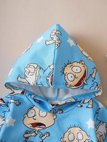 Nick 90s | SHEIN Baby Boy Cartoon Figure Graphic Cute Blue Long Sleeve Hoodie And Pants Set - Blue - View 3