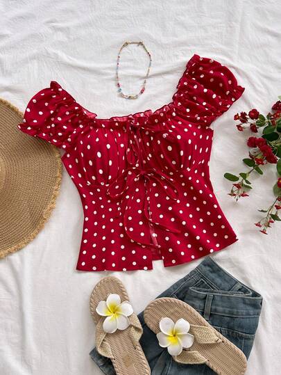 Soleia Textured Tie-Up Casual Vacation Shirt,Red Top,Red Tops For Women,Polka Dot Top,Vacation Outfits For Women, Red Top