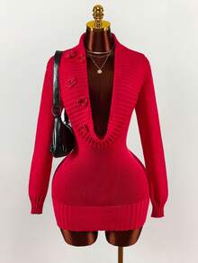 Amplova 情人节及新年深V领立体花卉修身迷你连衣裙（女款） - 紅色 - 查看 1