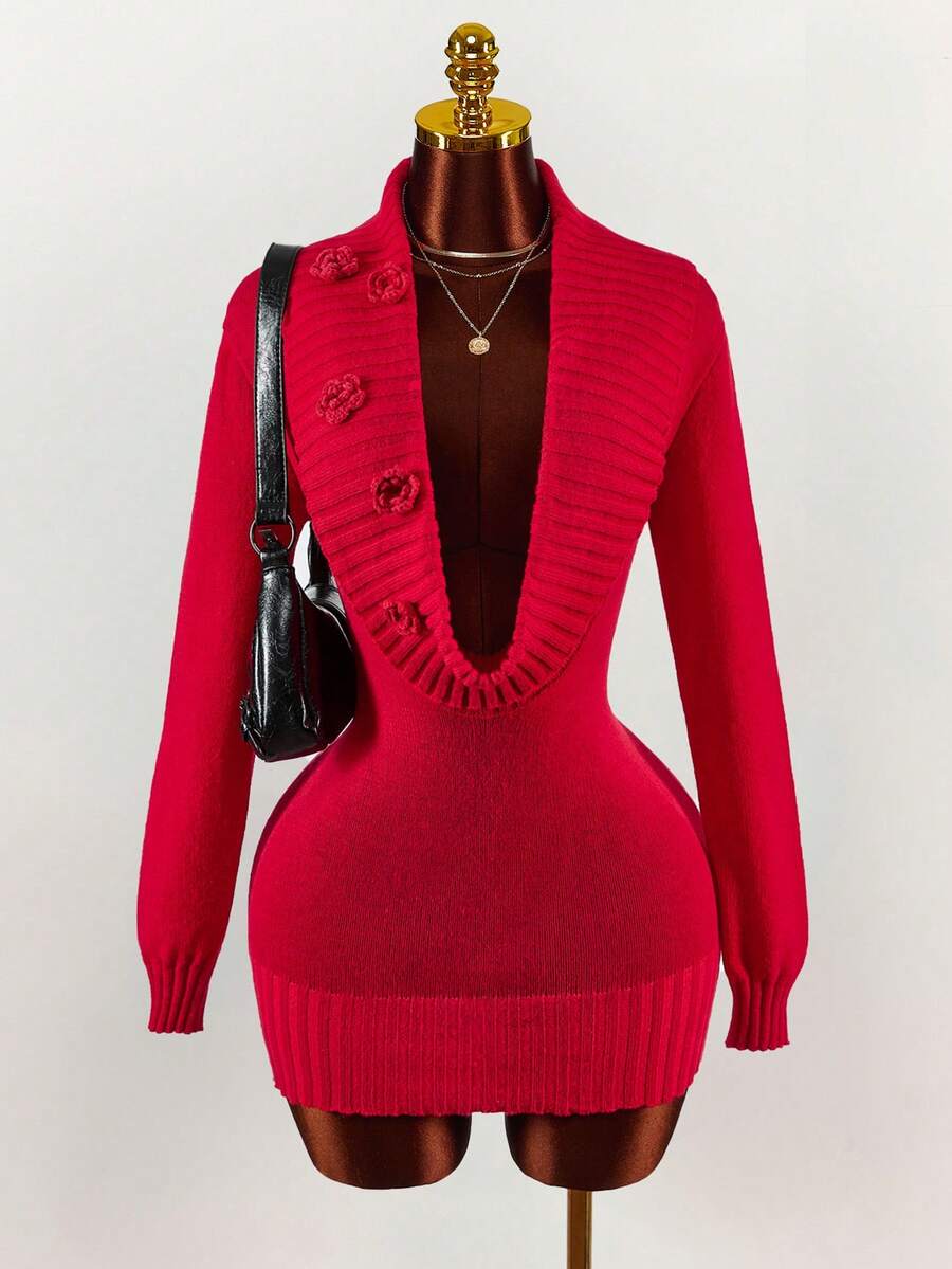 Amplova 情人节及新年深V领立体花卉修身迷你连衣裙（女款） - 紅色 - 查看 1