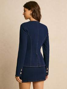 Poéselle 女士单排扣牛仔上衣和裙子套装 - 深色水洗藍 - 查看 2