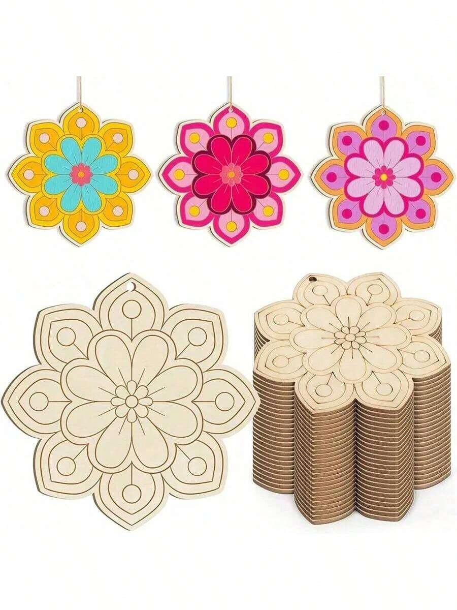 未上色木雕花朵造型工艺木片，花朵造型木质DIY着色绘画片，适用于绘画、节日、家居装饰 - 彩色 - 查看 1