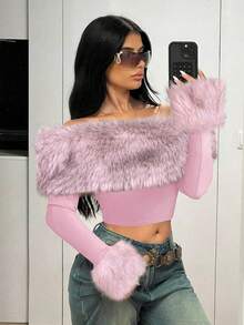 SHEIN ICON 女士 Y2K 短款修身露肩毛绒长袖 T 恤 - 粉色 - 查看 4