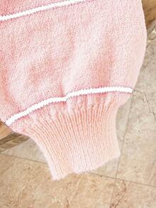 Sparklyn 少女复古撞色条纹宽松短款长袖上衣，面料柔软舒适，适合休闲、户外、聚会、居家穿着，秋冬季百搭单品。 - 粉色 - 查看 3