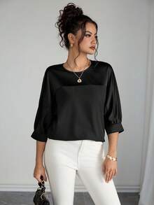 Rafferiza Women's Casual Loose Patchwork Mid-Sleeve Black Shirt, Suitable For All Seasons - Black - View 6
